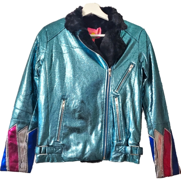 boutique Jackets & Blazers - Roller Disco Glam Faux Fur Lined Teal Moto Jacket